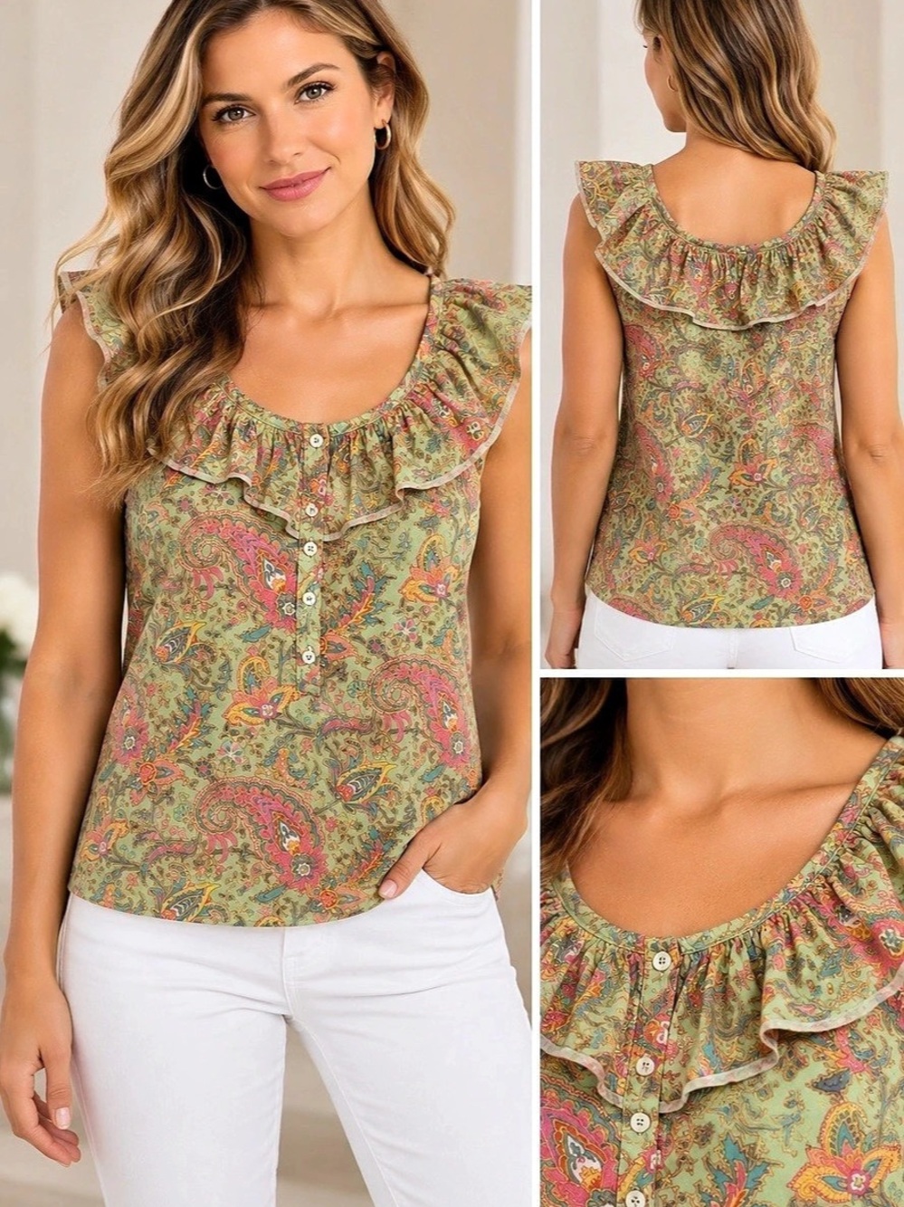 Lauren Ralph Lauren Paisley Ruffle Blouse in Green & Pink